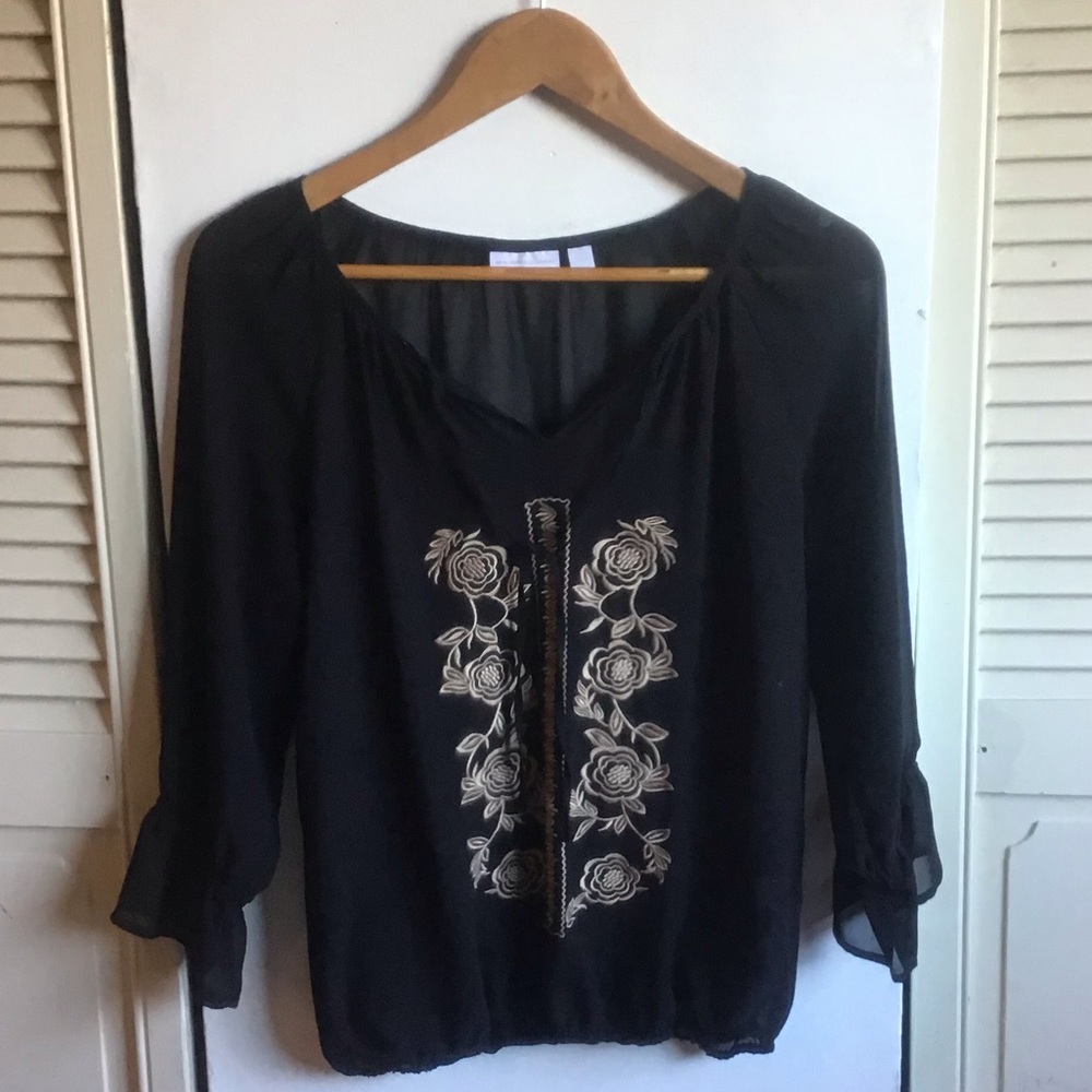 New York & Company Black Pattern Blouse Sz XS